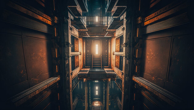 A large and wide elevator shaft with rusting metal, Generative AI