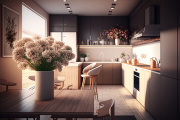 Minimalist modern kitchen with bouquet of flowers on the wooden table. Generative AI