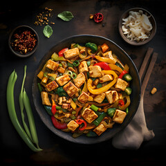 Tasty tofu stir fry with veggies, crispy tofu & fresh cilantro. Perfect vegan meal for healthy eating. Ideal for food blogs & cookbooks. Entice your audience to try this flavorful dish