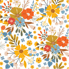 Floral seamless pattern. Blooming meadow background. Creative floral design. Vector pattern for various surface. Blossom floral seamless print.