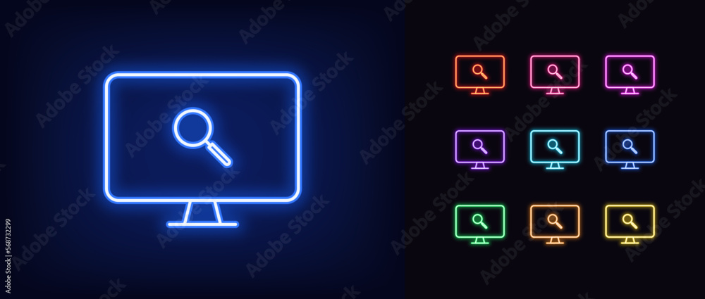 Poster outline neon pc monitor icon set. glowing neon monitor screen frame with magnifier sign, internet se