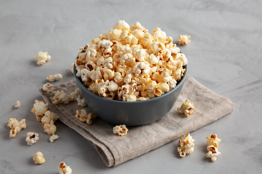Homemade Kettle Corn Popcorn with Salt in a Bowl, side view.