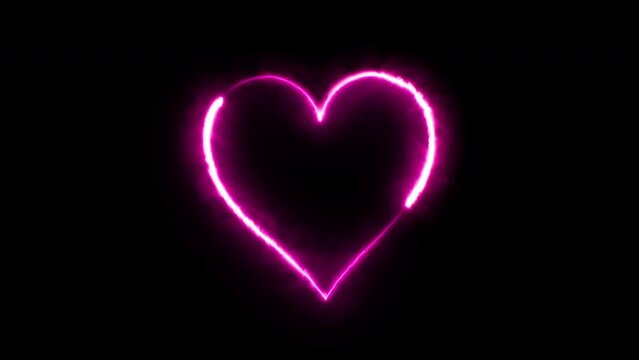 Animated Burning Fire Heart Icon in Pink Neon Light Effect Isolated on Black Background. Valentines day design element. Glowing neon heart. Glowing Heart Icon Design. Burning Fire Heart Animation