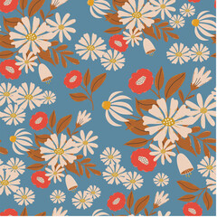 Fototapeta na wymiar Floral seamless pattern. Blooming meadow background. Creative floral design. Vector pattern for various surface. Blossom floral seamless print.
