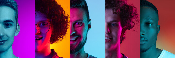 Close-up. Cropped male and female halves of faces, placed on narrow vertical stripes in neon lights. Concept of human emotions, facial expressions. Collage