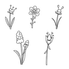 Set with 5 flowers characters doodle abstract. Hand drawn outline vector illustration.