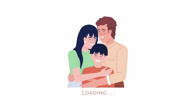 Animated family hug loader. Loving parents. Parenthood. Flat people 4K video footage with alpha channel transparency. Color cartoon style loading animation with characters for download, upload process