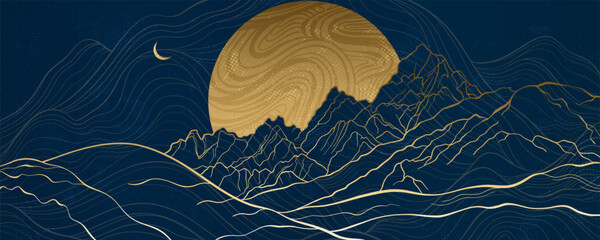 Big Moon and Mountains in cosmic , a linear layout for the background. Futuristic landscape in the colors of gold lines and blue. Luxory art is suitable for print on the wall, invitation.