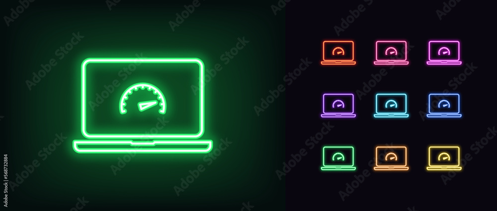 Poster outline neon laptop performance icon set. glowing neon laptop screen frame with speedometer sign, co