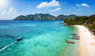 Aerial view of the beautiful Long Beach at Phi Phi Don island with turquoise shining sea, Thailand