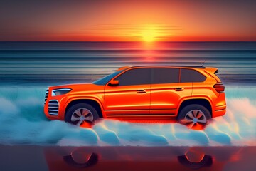 Fototapeta na wymiar Orange SUV with waves and sunset in the background - generative ai