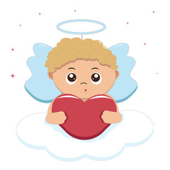 Cute angel on a cloud with a red heart.