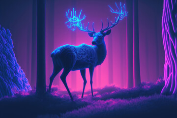 3d illustration of a stag with glowing antlers in a foggy forest