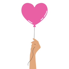 Hands with a pink heart shape balloon. Modern flat vector illustration