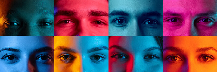 Unlike the others. Close-up. Cropped male and female faces, eyes looking at camera over colorful...