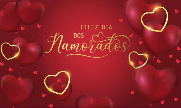cartão ou banner para desejar um feliz dia dos namorados em ouro sobre um fundo gradiente vermelho com balões em forma de corações vermelhos corações de ouro e cor vermelha