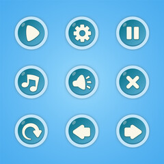 A Collection of GUI Vector blue round buttons with icons of the user interface of casual mobile games and applications. Modern blue round buttons in candy style.