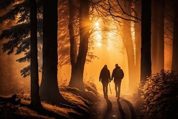 Hiking concept. Couple going walk among the forest in sunny rays, back view. Backlight. Activity tourism concept. Generative AI