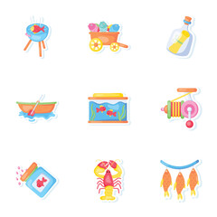 Collection of Colourful Flat Style Fishing Stickers 

