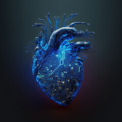 3d illustration of a heart made of glowing digital circuits