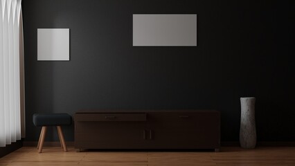 Minimalist interior background with furniture on 3d rendering. Interior wall concept with blank poster on the wall