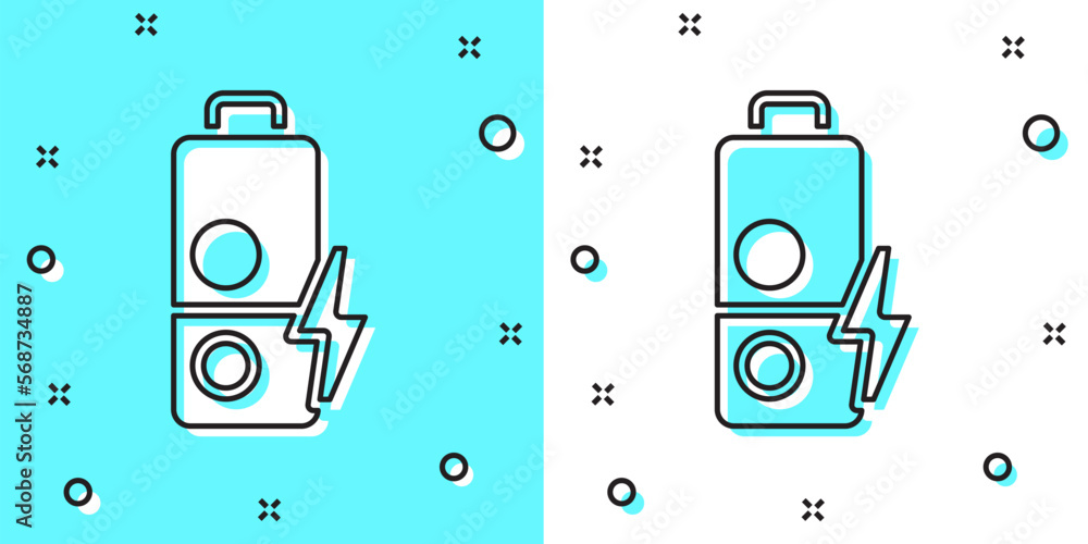 Poster black line battery charge level indicator icon isolated on green and white background. random dynami