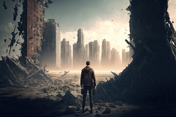 3d illustration of a man in an apocalyptic city