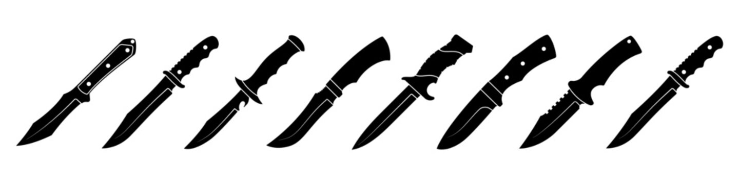 Hunting knife black icon. Set of hunting knife icons on white background. Vector illustration.