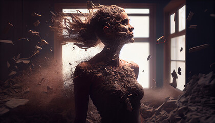 Woman body disintegrates into dust. Concept of transformation, reincarnation, death, loneliness. Generative AI
