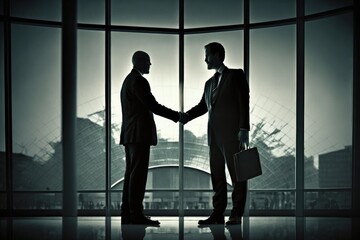 Fototapeta na wymiar Two business men handshake in front of large office glass panes dark illustration. Generative AI