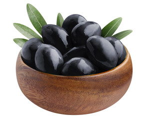 Delicious black ripe olives in a wooden bowl cut out