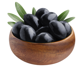 Delicious black ripe olives in a wooden bowl cut out
