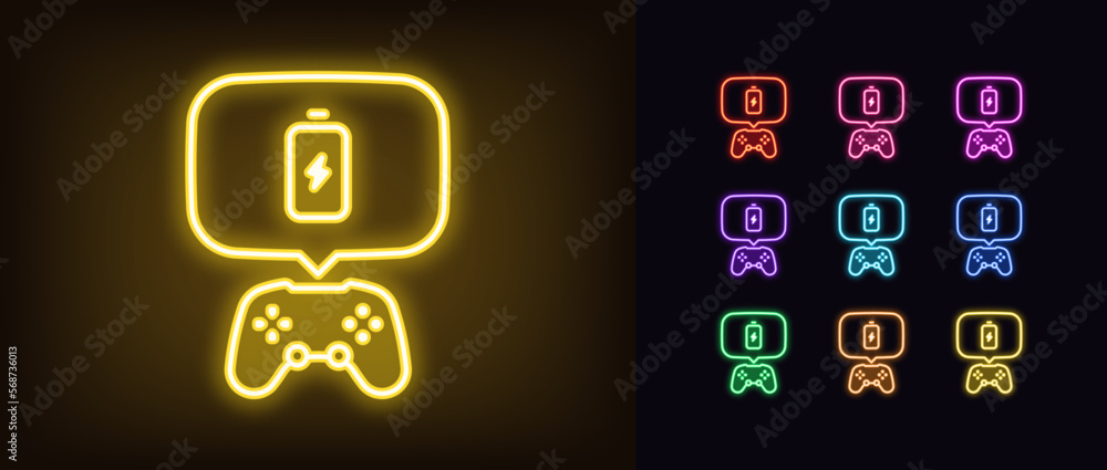 Poster outline neon game controller icon set. glowing neon gamepad and bubble notice frame with battery cha