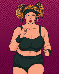 Vector illustration running bodypositive girl with red hair. A fat woman goes in for sports. Pop art style.