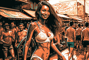 Fototapeta na wymiar happy young beautiful woman in a tourist place, fictional person and place and like Thailand or Bali. Generative AI