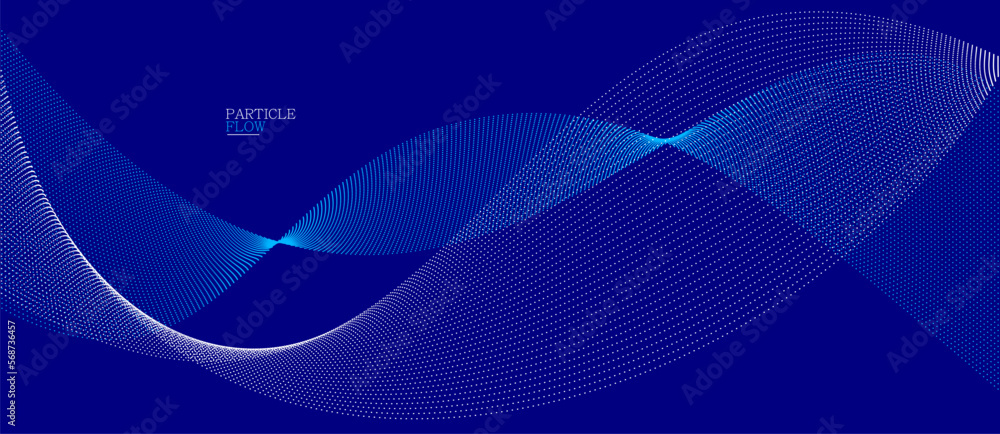 Poster blue dots in motion dark vector abstract background, particles array wavy flow, curve lines of point