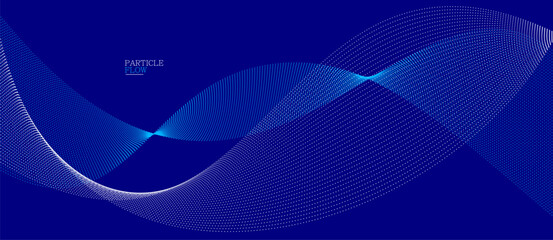 Blue dots in motion dark vector abstract background, particles array wavy flow, curve lines of points in movement, technology and science illustration.