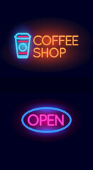 Coffee Shop and Open Neon light sign set.