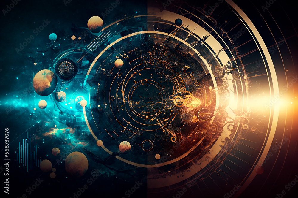 Wall mural space and planet tech background. illustration with space sky with planet and mechanisms. generative