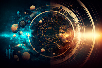 Space and planet tech background. Illustration with space sky with planet and mechanisms. Generative AI