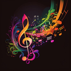 Colorful music treble clef symbol with musical notes flying in the black background. AI Generated