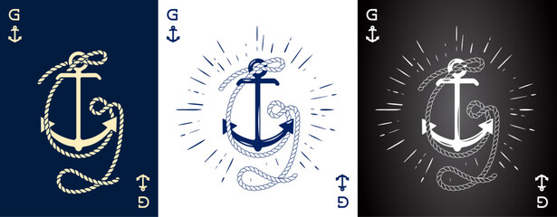 Set of three Vintage Label with an Anchor and Letter made of Ship Rope. Apparel t-shirt or Poster Design. Logotype Monogram with Playing Cards Style. Vector illustration.