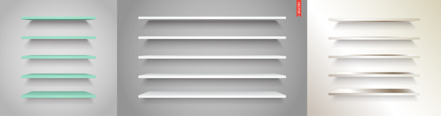 Obraz premium Set of Glass, Wood, Plastic, Metal Shelves. Isolated on the Wall Background.