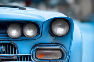 Front lights of a blue retro car. Old Soviet Union classic car - generative ai