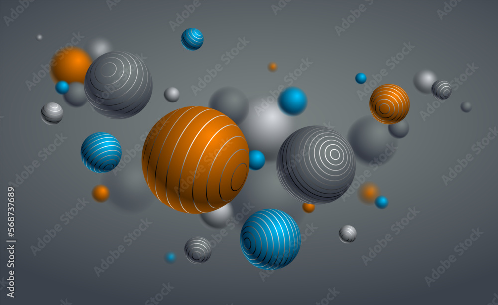 Poster realistic lined spheres vector illustration, abstract background with beautiful balls with lines and