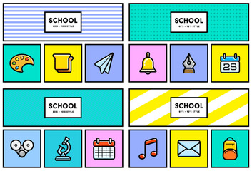 Vector 80's or 90's Stylish School Education Icon Set with Retro Colors. Nostalgia.