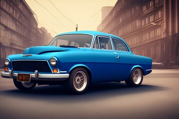 Fototapeta na wymiar Front lights of a blue retro car. Old Soviet Union classic car - generative ai