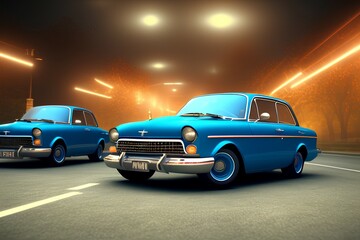 Obraz na płótnie Canvas Front lights of a blue retro car. Old Soviet Union classic car - generative ai
