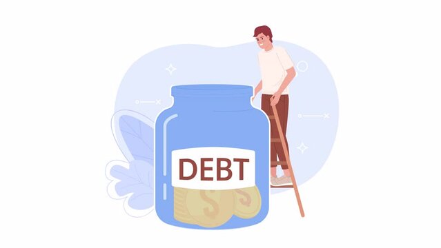 Animated go into invest debt-free. Debt repayment strategy. 4K video footage. Concept animation. Looped 2D cartoon flat character on white with alpha channel transparency for web design
