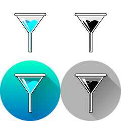 Glass Lab Funnel Filtration Laboratory Equipment Icon, Set of Flat Diagonal Shadow, Color, Black-White Silhouette, Line Art Logo Icon Symbol Isolated on White Background for Science Medical